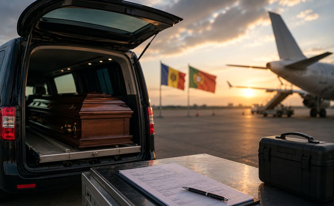 Transportul sicriului cu trupul defunctului din Portugalia în Moldova cu avionul.